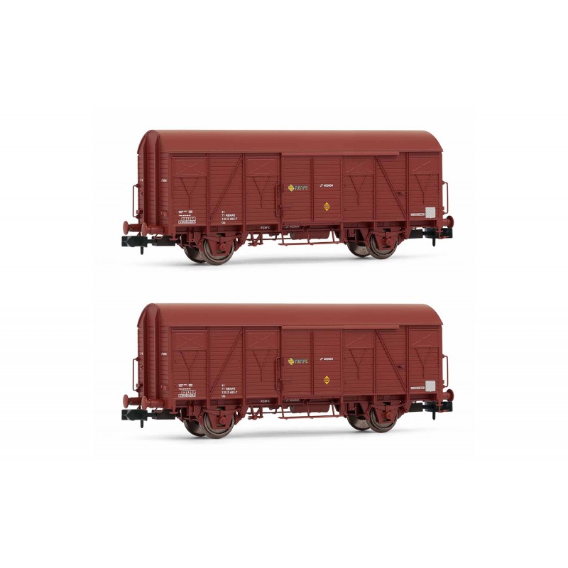 RENFE, 2-unit pack 2-axle closed wagon J2, wooden version, brown livery, period IV - Arnold HN6520