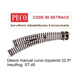 Desvío manual curvo izquierdo 22,5º Insulfrog. ST-45 (Peco Code 80 Setrack)