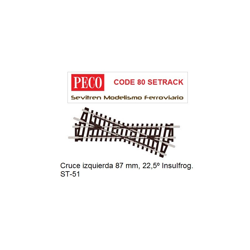 Cruce derecho 87 mm, 22,5º Insulfrog. ST-50 (Peco Code 80 Setrack)