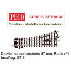 Desvío manual izquierdo 87 mm, Radio nº1 Insulfrog. ST-6 (Peco Code 80 Setrack)