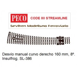 Desvío manual curvo derecho 160 mm, 8º. Insulfrog. SL-386 (Peco Code 80 Streamline)