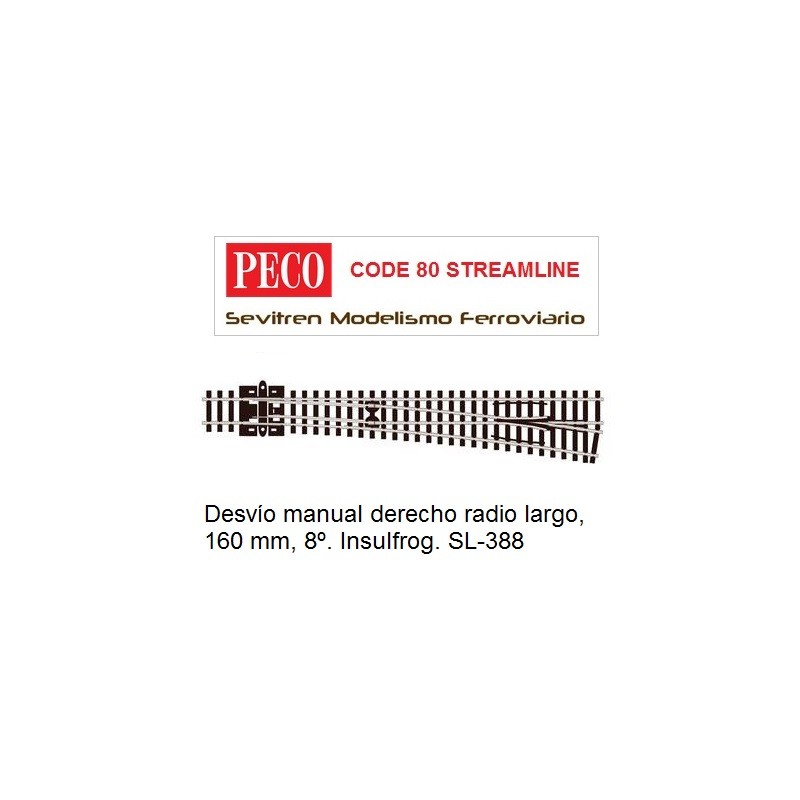 Desvío manual derecho radio largo, 160 mm, 8º. Insulfrog. SL-388 (Peco Code 80 Streamline)