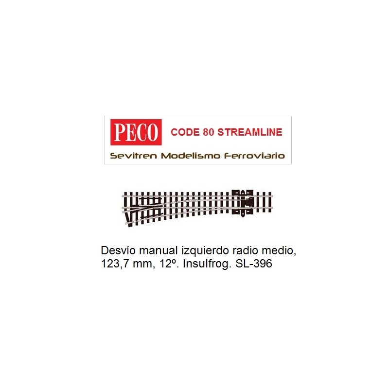 Desvío manual izquierdo radio medio, 123,7 mm, 12º. Insulfrog. SL-396 (Peco Code 80 Streamline)