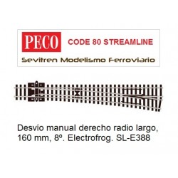 Desvío manual derecho radio largo, 160 mm, 8º. Electrofrog. SL-E388 (Peco Code 80 Streamline)