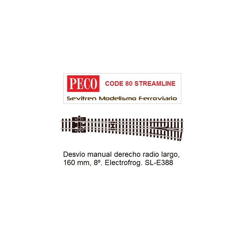 Desvío manual derecho radio largo, 160 mm, 8º. Electrofrog. SL-E388 (Peco Code 80 Streamline)