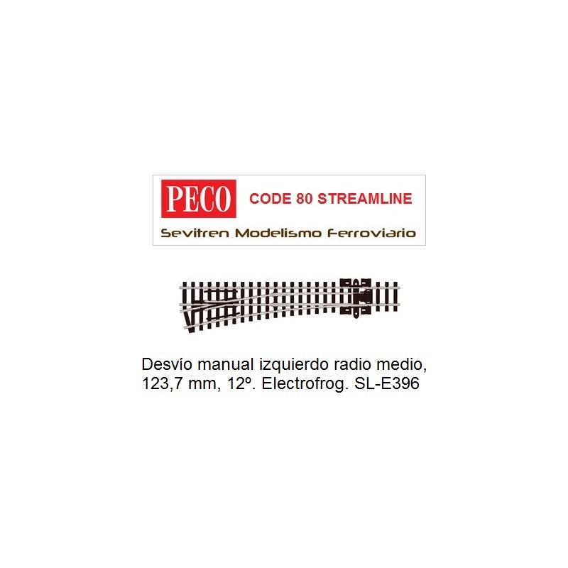 Desvío manual izquierdo radio medio, 123,7 mm, 12º. Electrofrog. SL-E396 (Peco Code 80 Streamline)