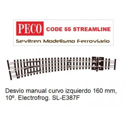 Desvío manual curvo izquierdo 160 mm, 10º. Electrofrog. SL-E387F (Peco Code 55 Streamline)
