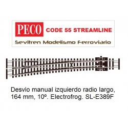 SL-E389F Turnout, Large Radius, Left Hand. Electrofrog. (Peco Code 55 Streamline)
