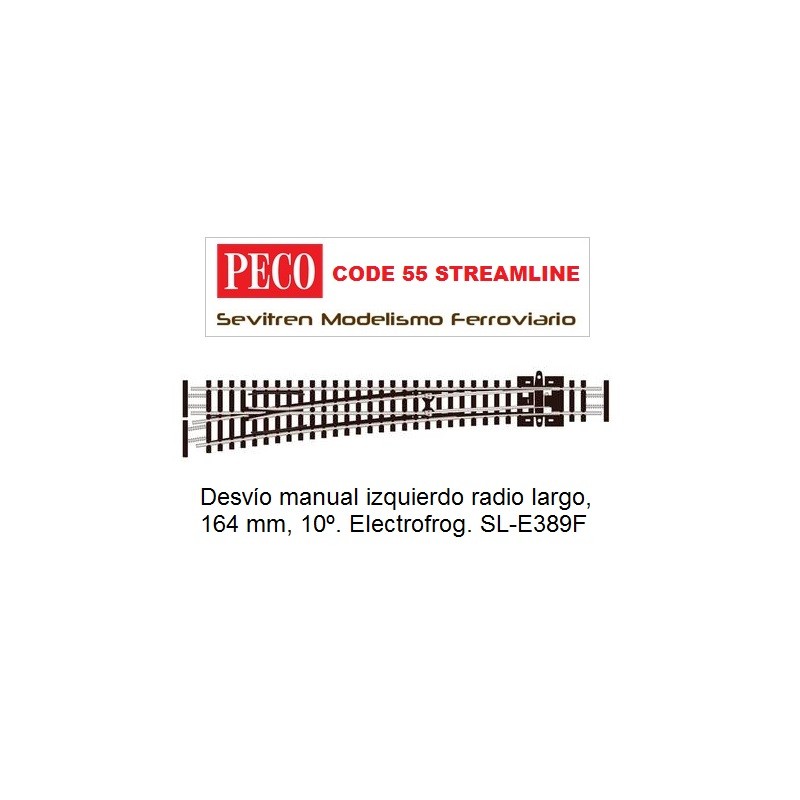 Desvío manual izquierdo radio largo, 164 mm, 10º. Electrofrog. SL-E389F (Peco Code 55 Streamline)