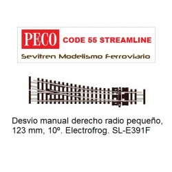 Desvío manual derecho radio pequeño, 123 mm, 10º. Electrofrog. SL-E391F (Peco Code 55 Streamline)