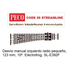 Desvío manual izquierdo radio pequeño, 123 mm, 10º. Electrofrog. SL-E392F (Peco Code 55 Streamline)