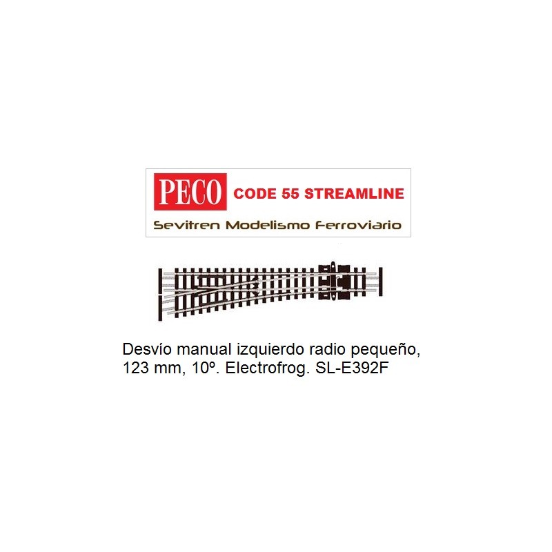 Desvío manual izquierdo radio pequeño, 123 mm, 10º. Electrofrog. SL-E392F (Peco Code 55 Streamline)