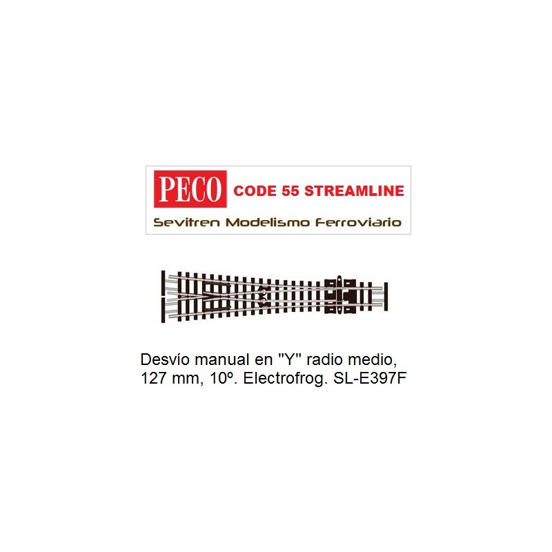 Desvío manual en "Y" radio medio, 127 mm, 10º. Electrofrog. SL-E397F (Peco Code 55 Streamline)