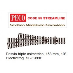 Desvío triple asimétrico, 153 mm, 10º. Electrofrog. SL-E399F (Peco Code 80 Streamline)