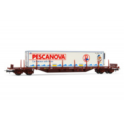 RENFE, vagón plataforma de 4 ejes MMQC, cargado con contenedor frigorífico "Pescanova", ép. IV. Electrotren HE6034