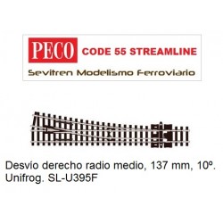 Desvío derecho radio medio, 137 mm, 10º. Unifrog. SL-U395F (Peco Code 55 Streamline)