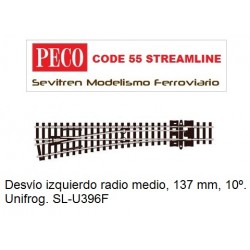 Desvío izquierdo radio medio, 137 mm, 10º. Unifrog. SL-U396F (Peco Code 55 Streamline)