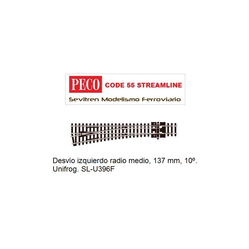 Desvío izquierdo radio medio, 137 mm, 10º. Unifrog. SL-U396F (Peco Code 55 Streamline)