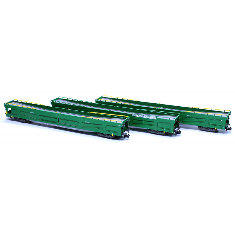 Set de 3 porta-automóviles RENFE (MMA-9569, MMA-9548 y MMA-9577), decoración verde. Mftrain-N71016