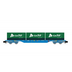 RENFE, vagón porta contenedores de 4 ejes, decoración azul, cargado con 3 contenedores de 20' «Adif», ép. VI