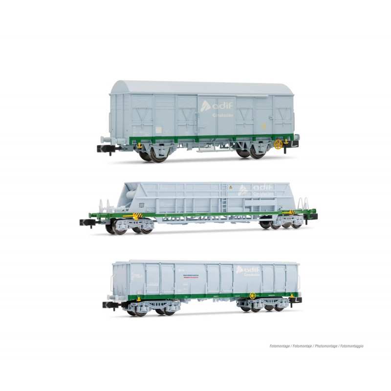 ADIF, «Tren de contraste de básculas», 1 vagón cerrado ORE, 1 vagón abierto Ealos, 1 vagón tolva Faoos, ép. V-VI Arnold HN6553