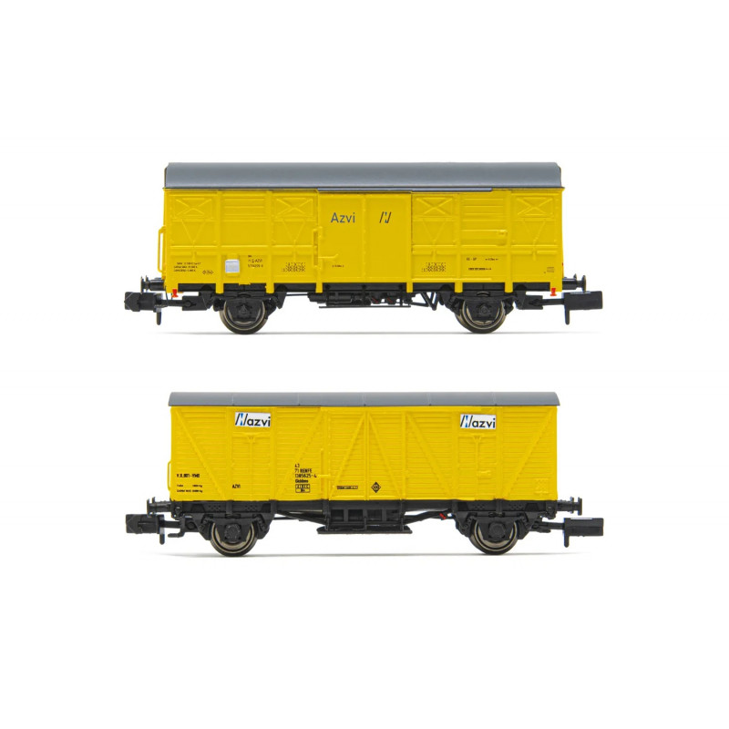 AZVI, 2-unit pack 2-axle closed wagon J2 + J3, yellow livery, period V-VI Arnold HN6517