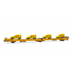 RENFE, 3-axle flat wagon Ladks, grey, loaded with 4 Citroen 2CV, yellow "Correos", period IV- Electrotren HE6035