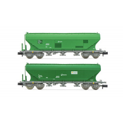 RENFE, set de 2 vagones tolva de 4 ejes TT5 con paredes planas, decoración verde, ép. V- Arnold HN6624