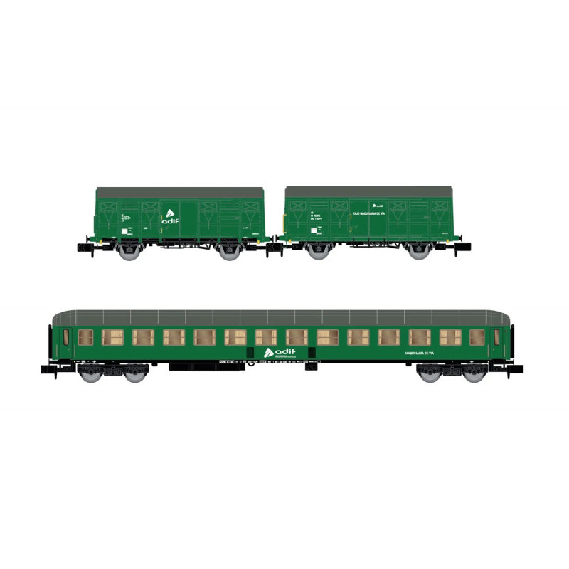 ADIF, set decoración verde, 2 vagones cerrados de 2 ejes J2 y 1 coche SSV-500, ép. VI- Arnold HN6576