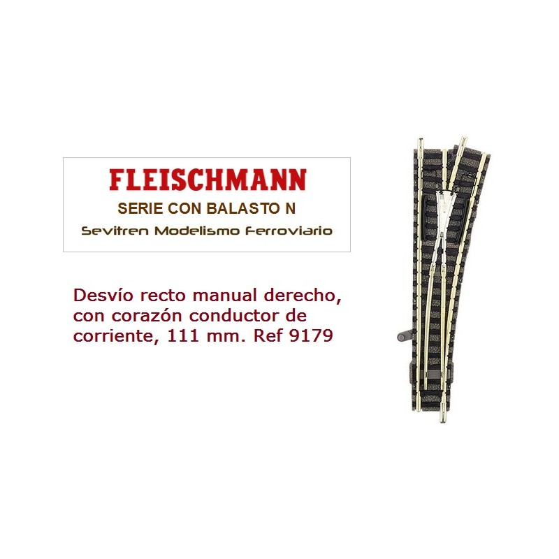 Right hand standard point for manual operation, with current-conducting frog. Length 111 mm.. Ref 9179 (Fleischmann N)