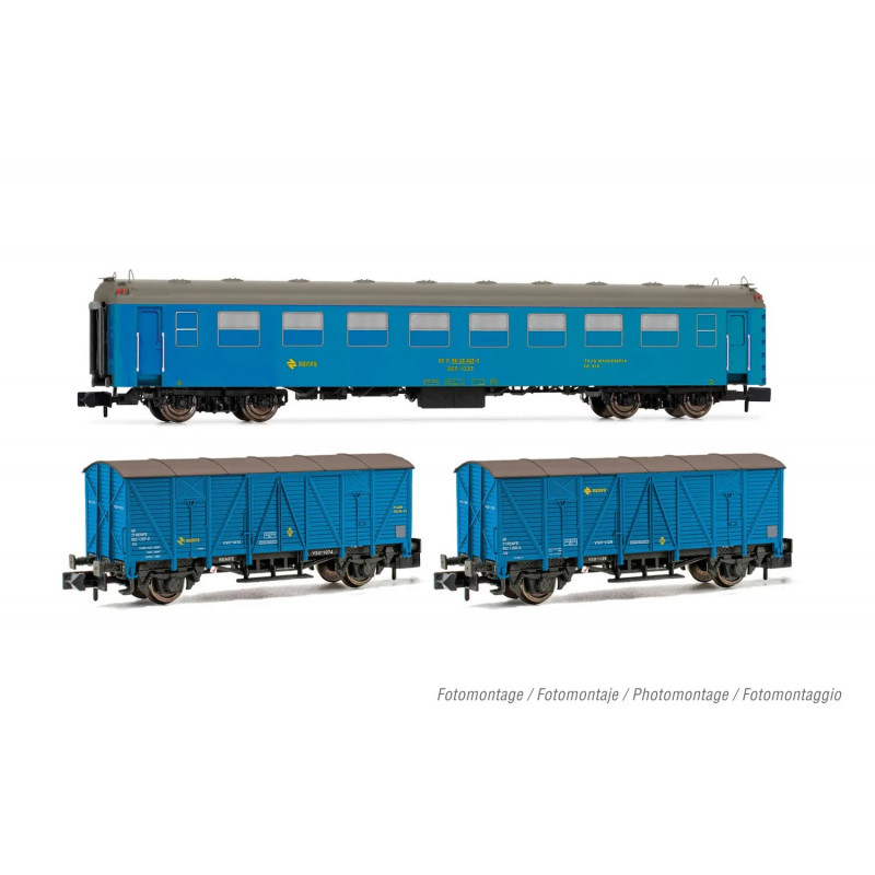 RENFE, set de 3 unidades, «Tajo de vía», decoración azul, 1 coche 5000 y 2 vagones cerrados J3, èp. IV-V- Arnold HN4457