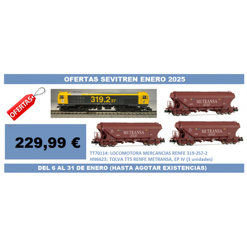 Lote Sevitren 50. RENFE Loc serie 319 "Taxi" Toptrain TT70114 + 3 tolvas TT5 "Metransa" HN6623