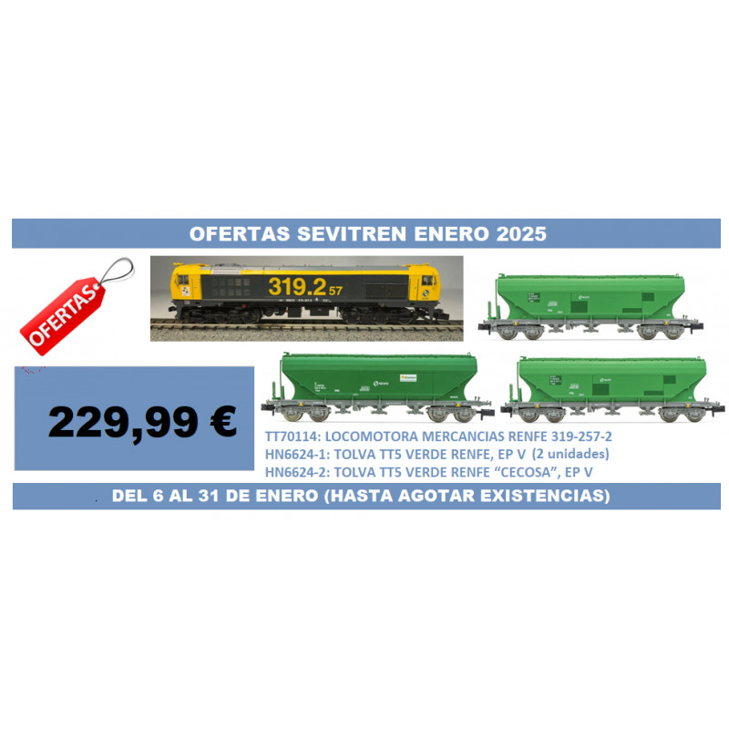Lote Sevitren 51. RENFE Loc serie 319 "Taxi" Toptrain TT70114 + 3 tolvas TT5 verdes+Cecosa HN6624-1 (2) HN6624-2 (1)