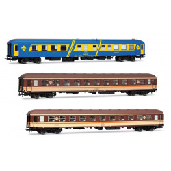 3-unit pack "Costa Brava", blue restaurant coach + 2 x couchette coaches in "Estrella" livery, ep. IV. Electrotren HE4035