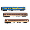 3-unit pack "Costa Brava", blue restaurant coach + 2 x couchette coaches in "Estrella" livery, ep. IV. Electrotren HE4035