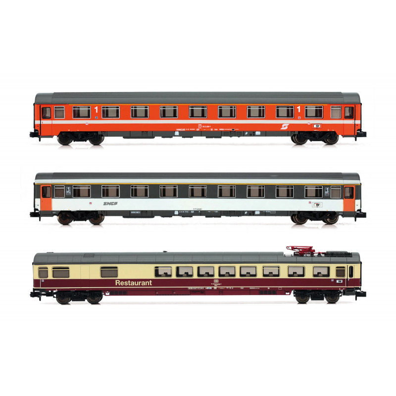 EuroCity "Mozart" set 1/2, 3-unit pack, contains restaurant, 1st and 2nd class coaches, ep. IV- Arnold HN4370