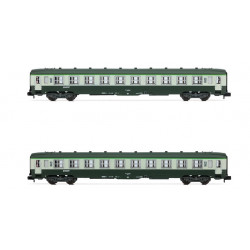 SNCF, set de 2 coches DEV AO B10, 2ª clase, decoración verde/gris con logo “Nouille”, ép. IV. Arnold HN4449